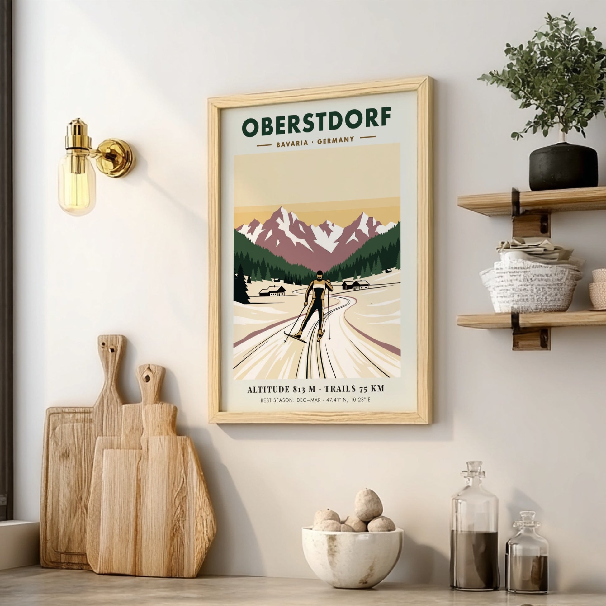 Poster featuring a cross-country skier in Oberstdorf Bavaria against snow-capped mountains and pines