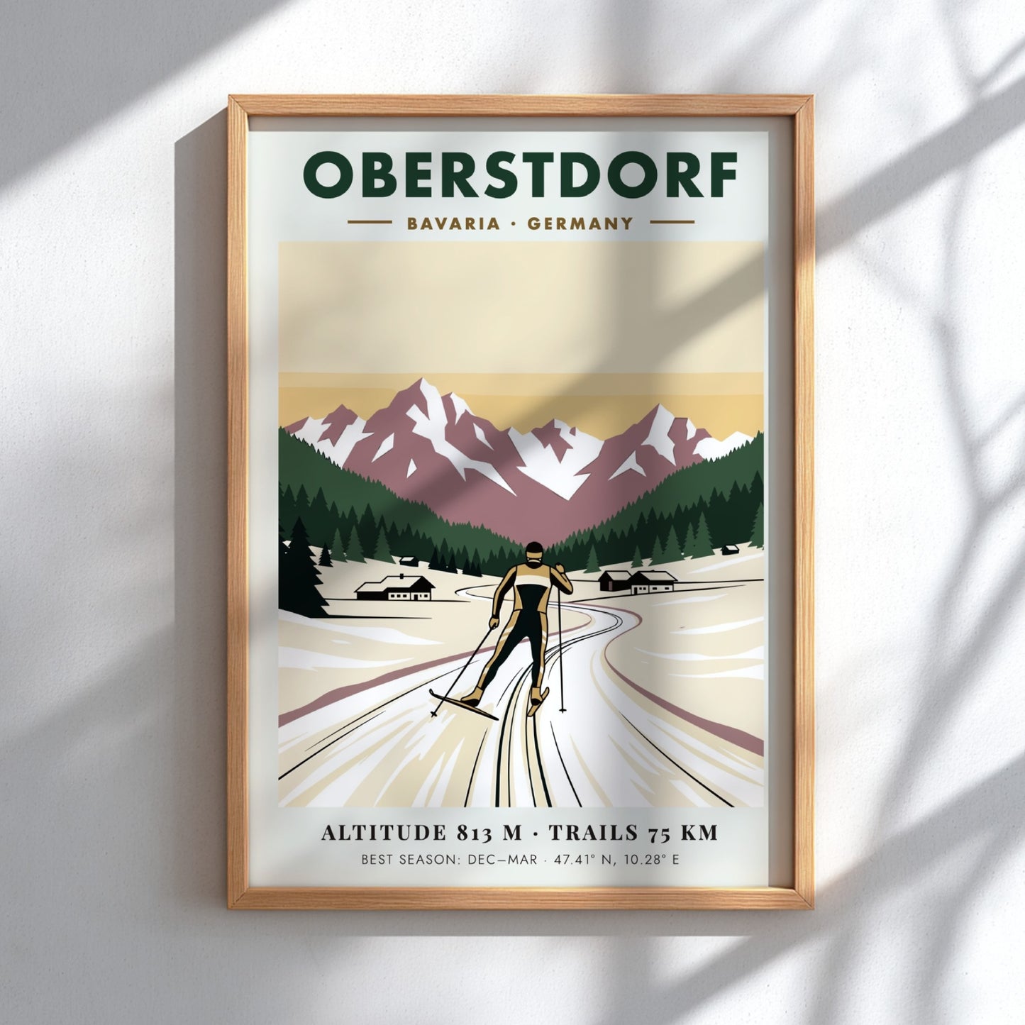 Poster featuring a cross-country skier in Oberstdorf Bavaria against snow-capped mountains and pines