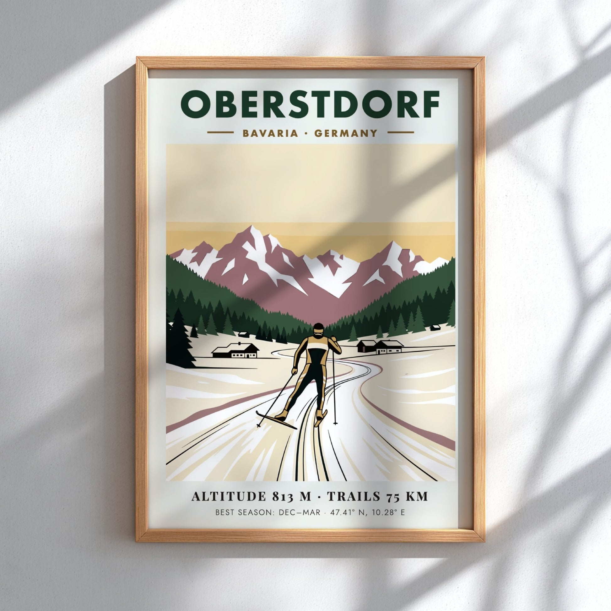 Poster featuring a cross-country skier in Oberstdorf Bavaria against snow-capped mountains and pines
