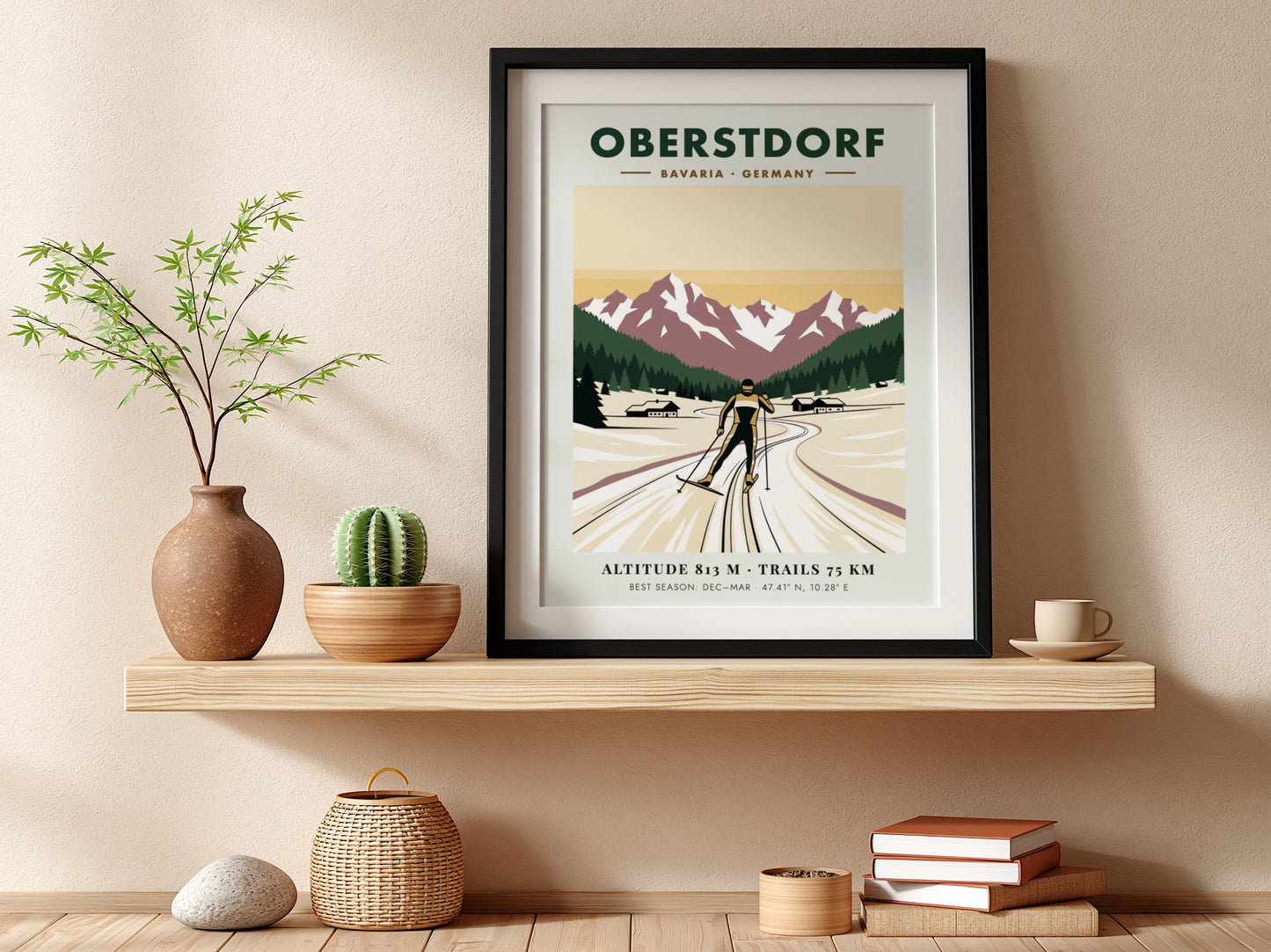 Poster featuring a cross-country skier in Oberstdorf Bavaria against snow-capped mountains and pines