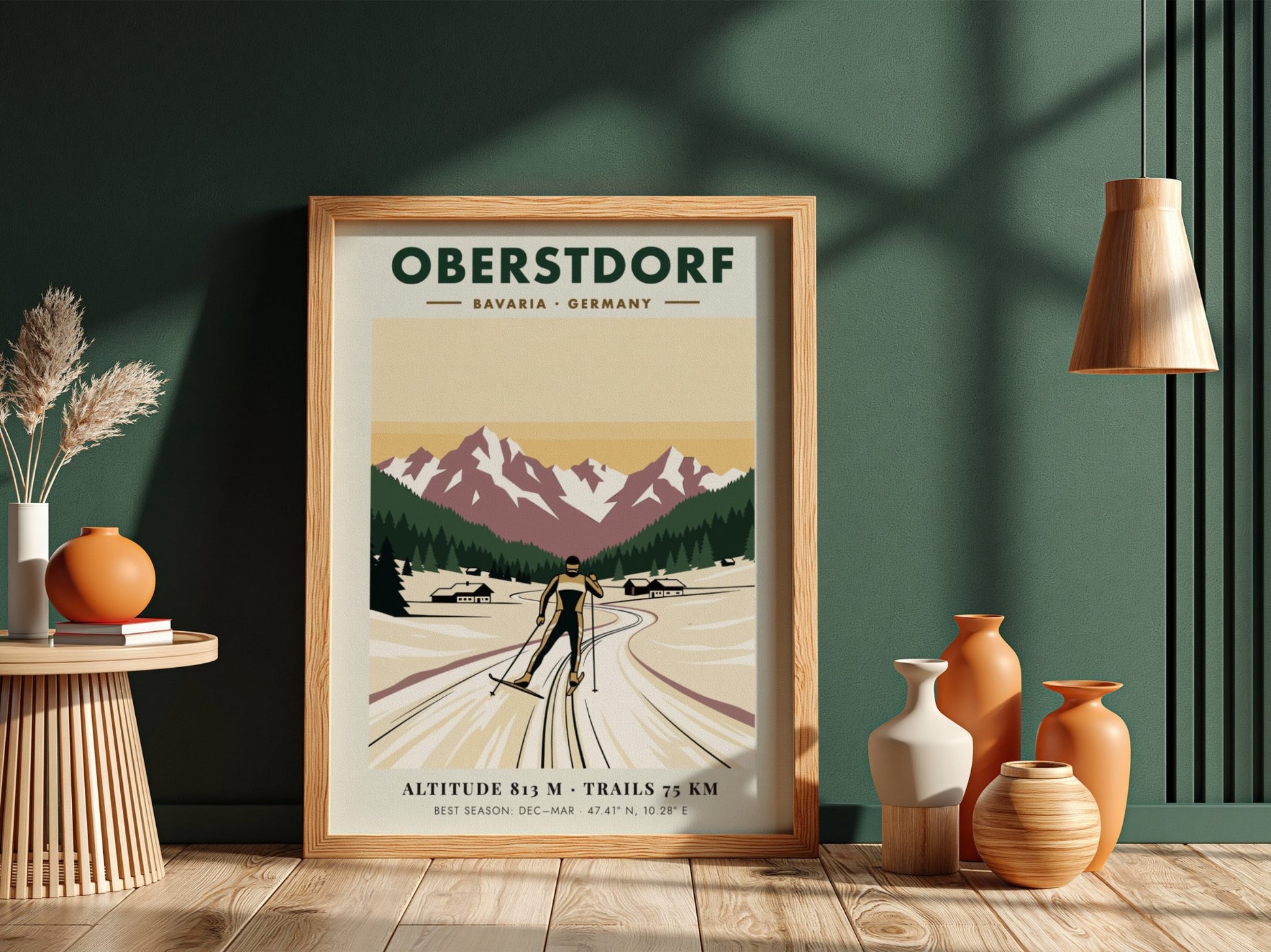 Poster featuring a cross-country skier in Oberstdorf Bavaria against snow-capped mountains and pines