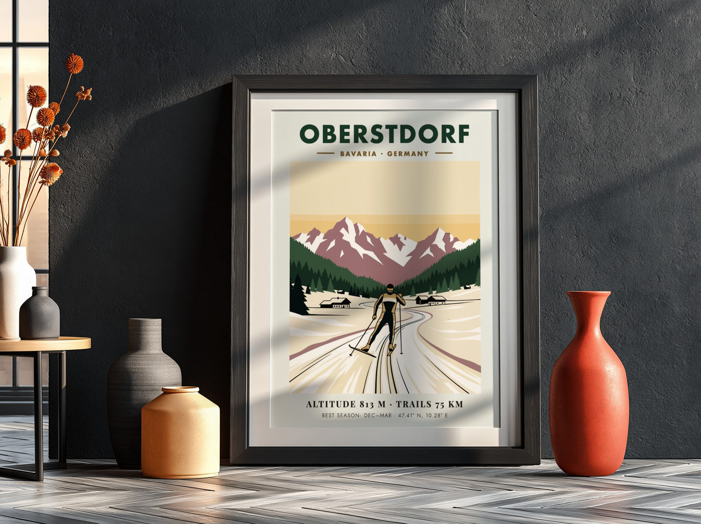 Poster featuring a cross-country skier in Oberstdorf Bavaria against snow-capped mountains and pines
