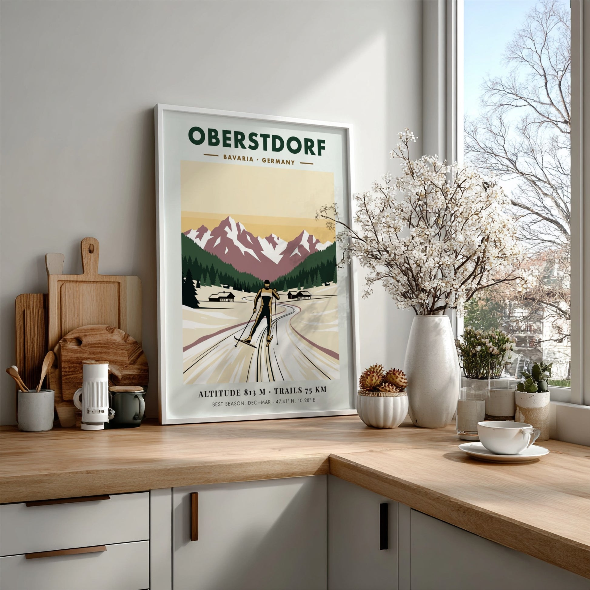 Poster featuring a cross-country skier in Oberstdorf Bavaria against snow-capped mountains and pines