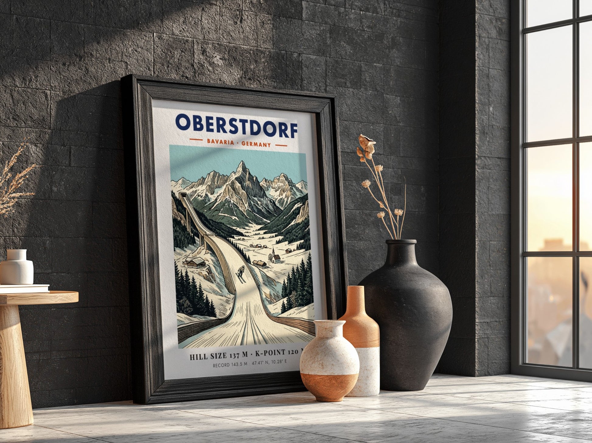 Poster of the Oberstdorf ski jump in the Bavarian Alps with snowy mountains.