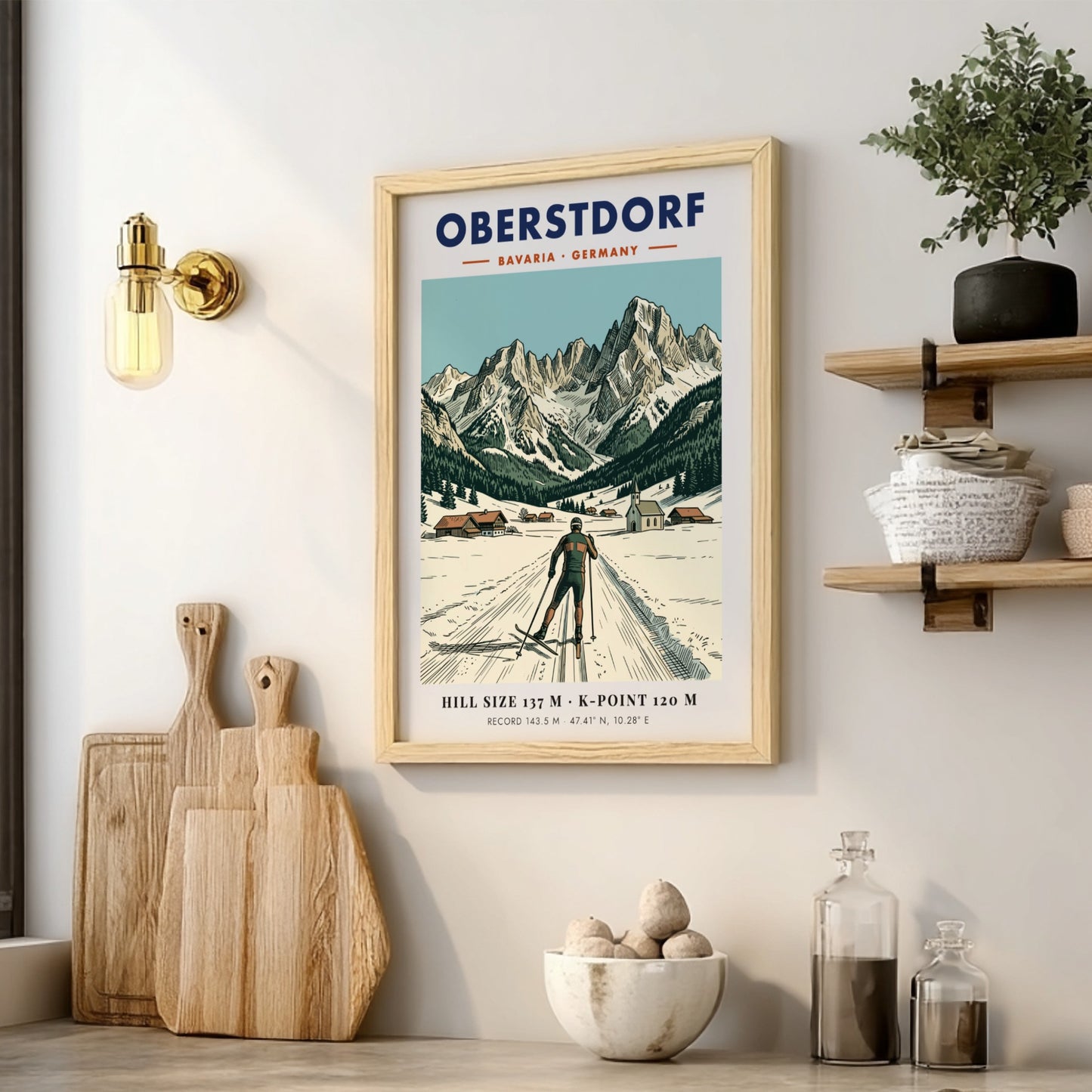 Poster featuring Oberstdorf Bavaria with a skier, alpine village, and snowy mountain peaks background.
