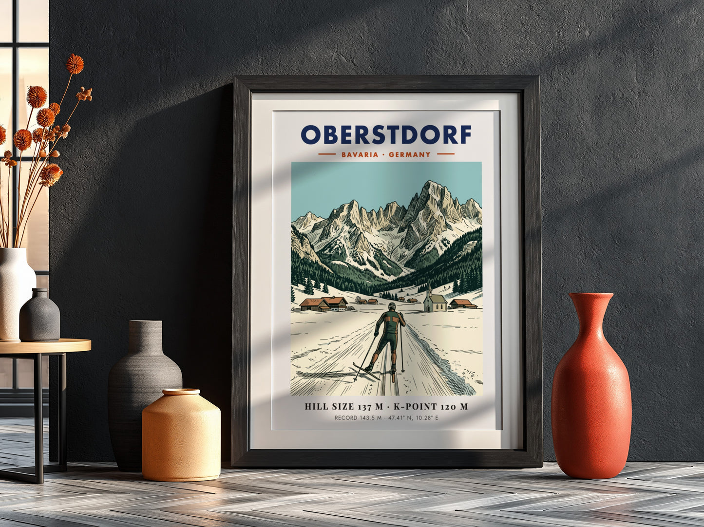 Poster featuring Oberstdorf Bavaria with a skier, alpine village, and snowy mountain peaks background.