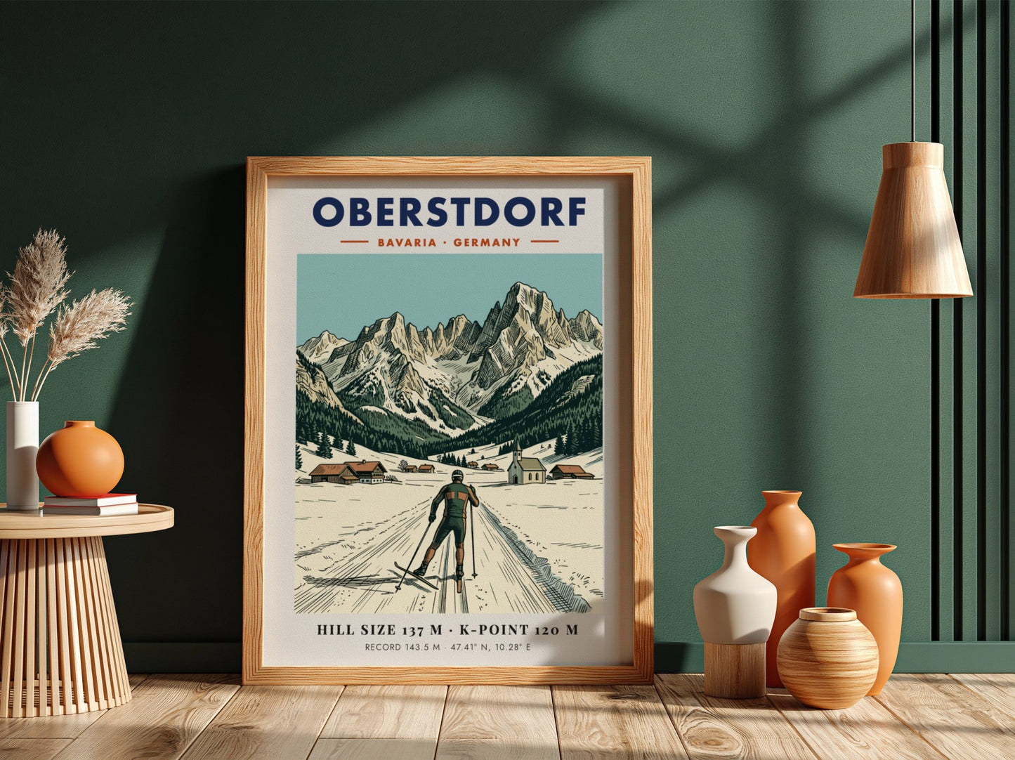 Poster featuring Oberstdorf Bavaria with a skier, alpine village, and snowy mountain peaks background.