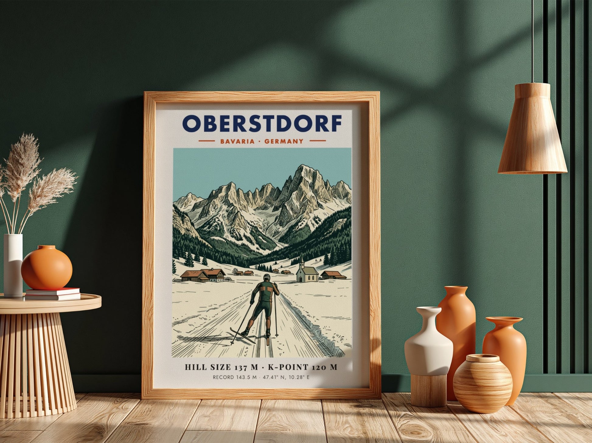 Poster featuring Oberstdorf Bavaria with a skier, alpine village, and snowy mountain peaks background.