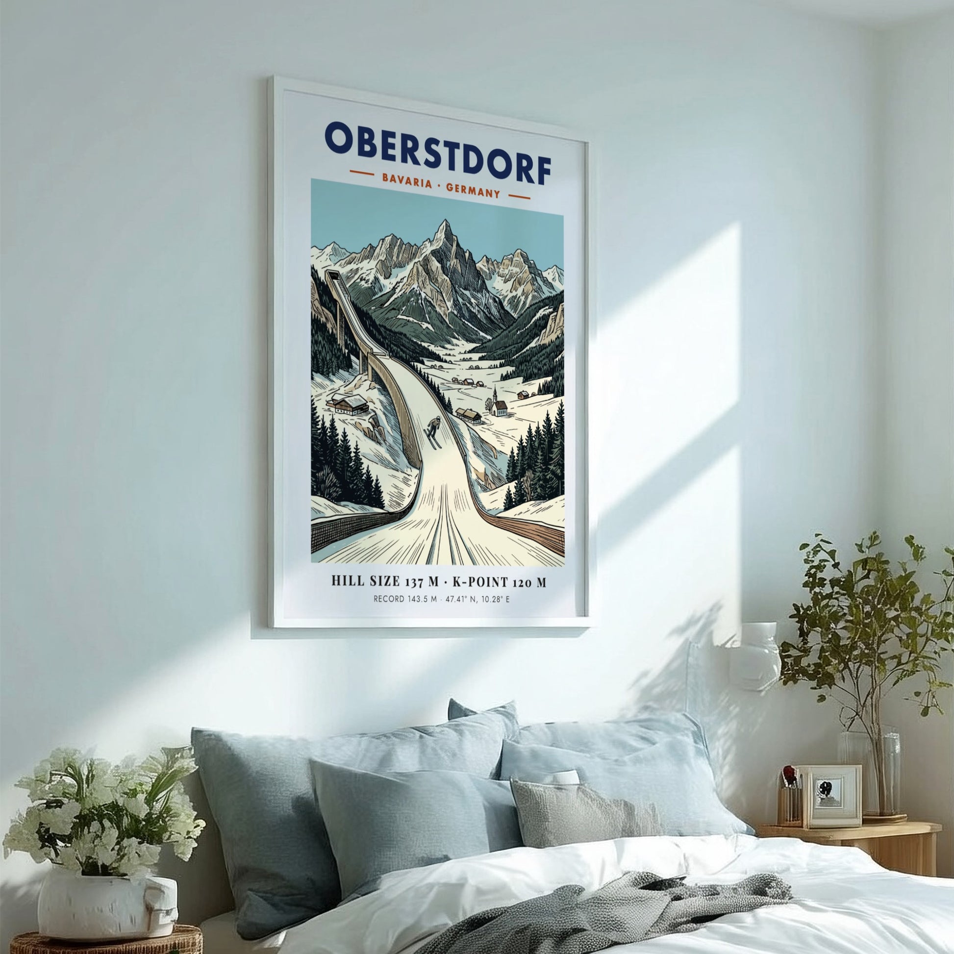 Poster of the Oberstdorf ski jump in the Bavarian Alps with snowy mountains.