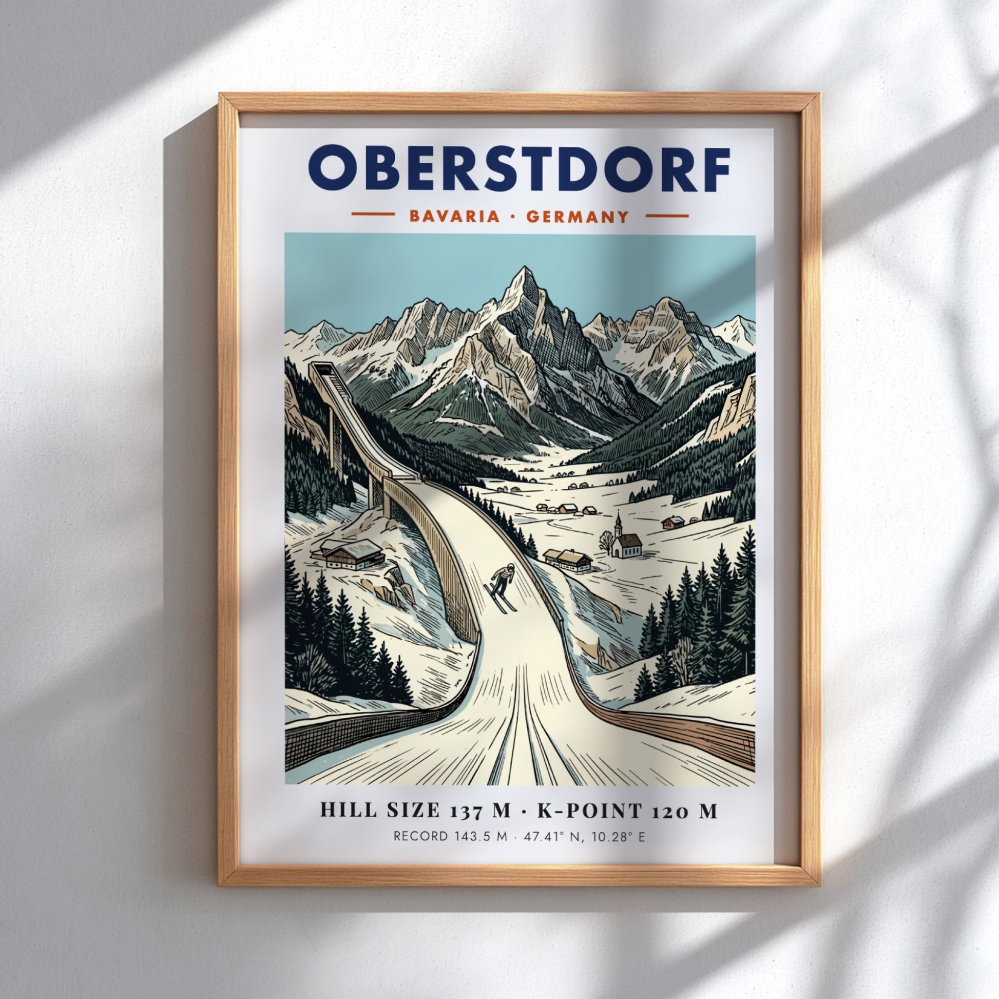 Poster of the Oberstdorf ski jump in the Bavarian Alps with snowy mountains.
