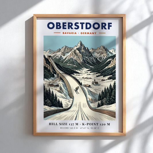 Poster of the Oberstdorf ski jump in the Bavarian Alps with snowy mountains.