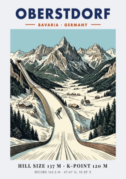 Poster of the Oberstdorf ski jump in the Bavarian Alps with snowy mountains.