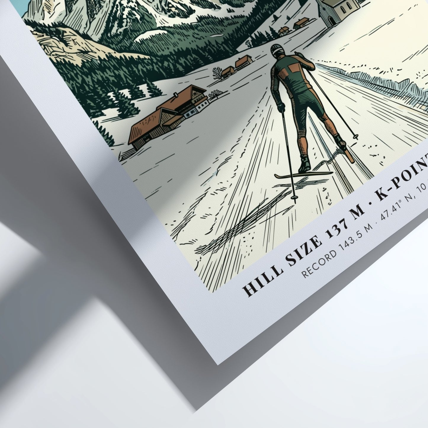 Poster featuring Oberstdorf Bavaria with a skier, alpine village, and snowy mountain peaks background.