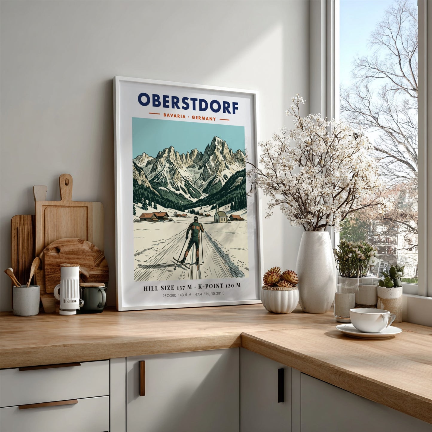 Poster featuring Oberstdorf Bavaria with a skier, alpine village, and snowy mountain peaks background.