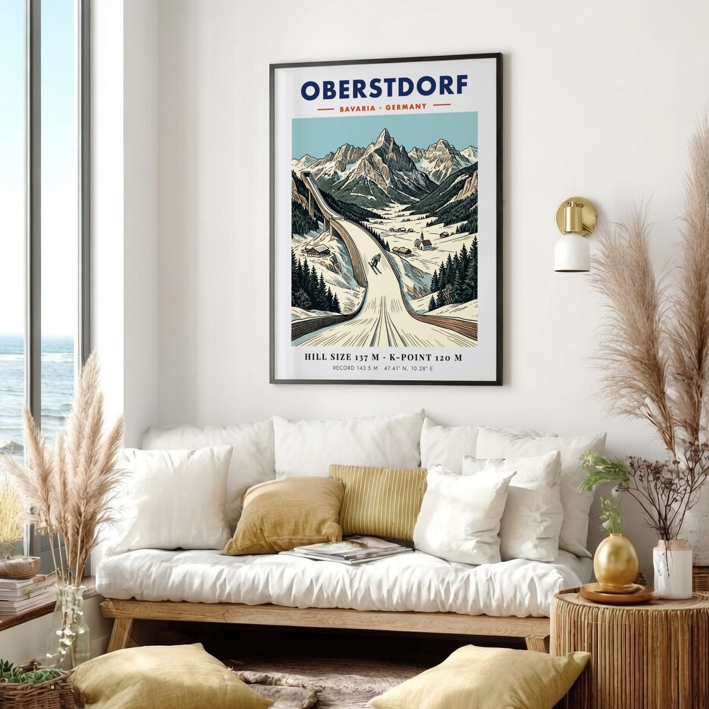 Poster of the Oberstdorf ski jump in the Bavarian Alps with snowy mountains.
