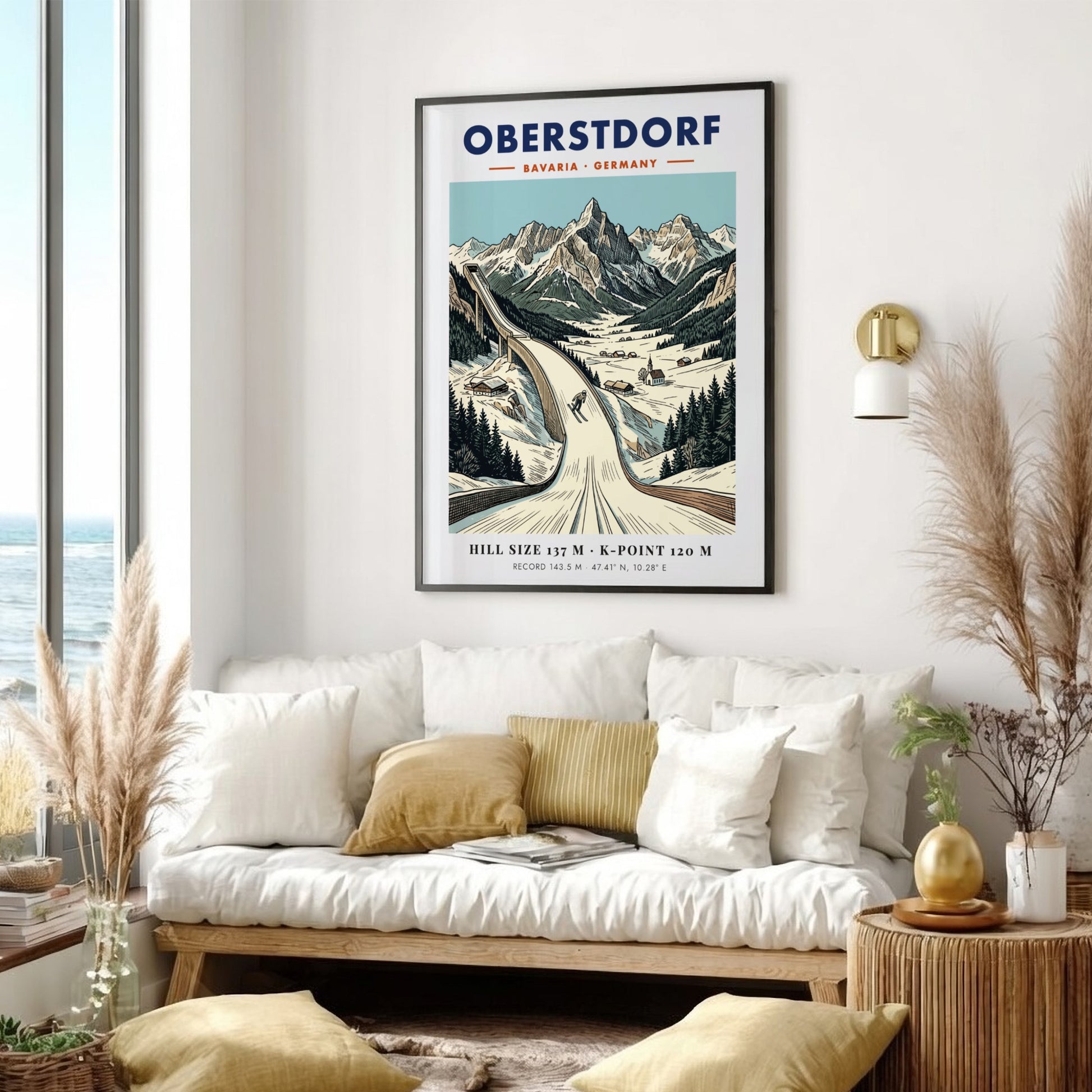 Poster of the Oberstdorf ski jump in the Bavarian Alps with snowy mountains.
