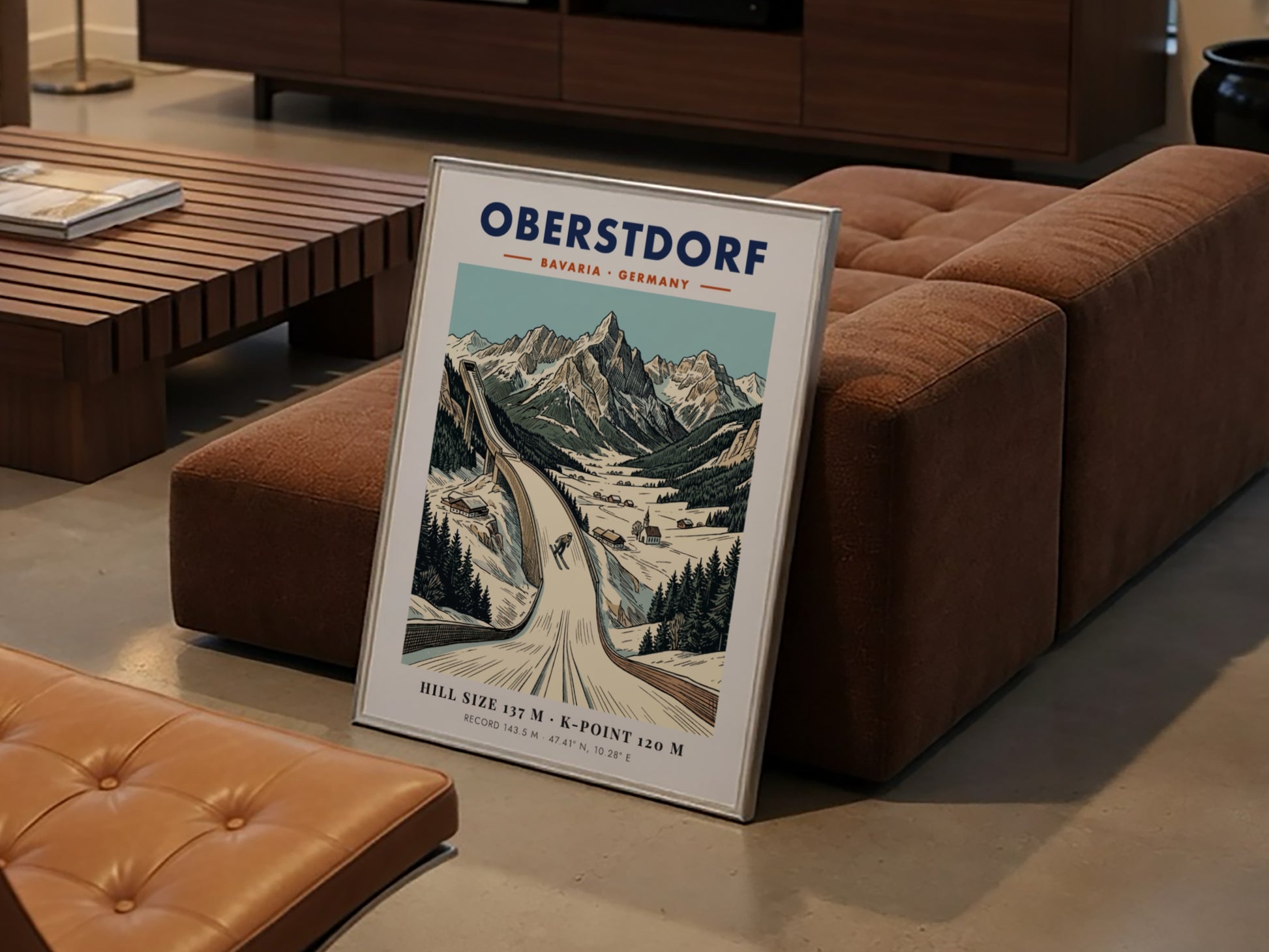 Poster of the Oberstdorf ski jump in the Bavarian Alps with snowy mountains.