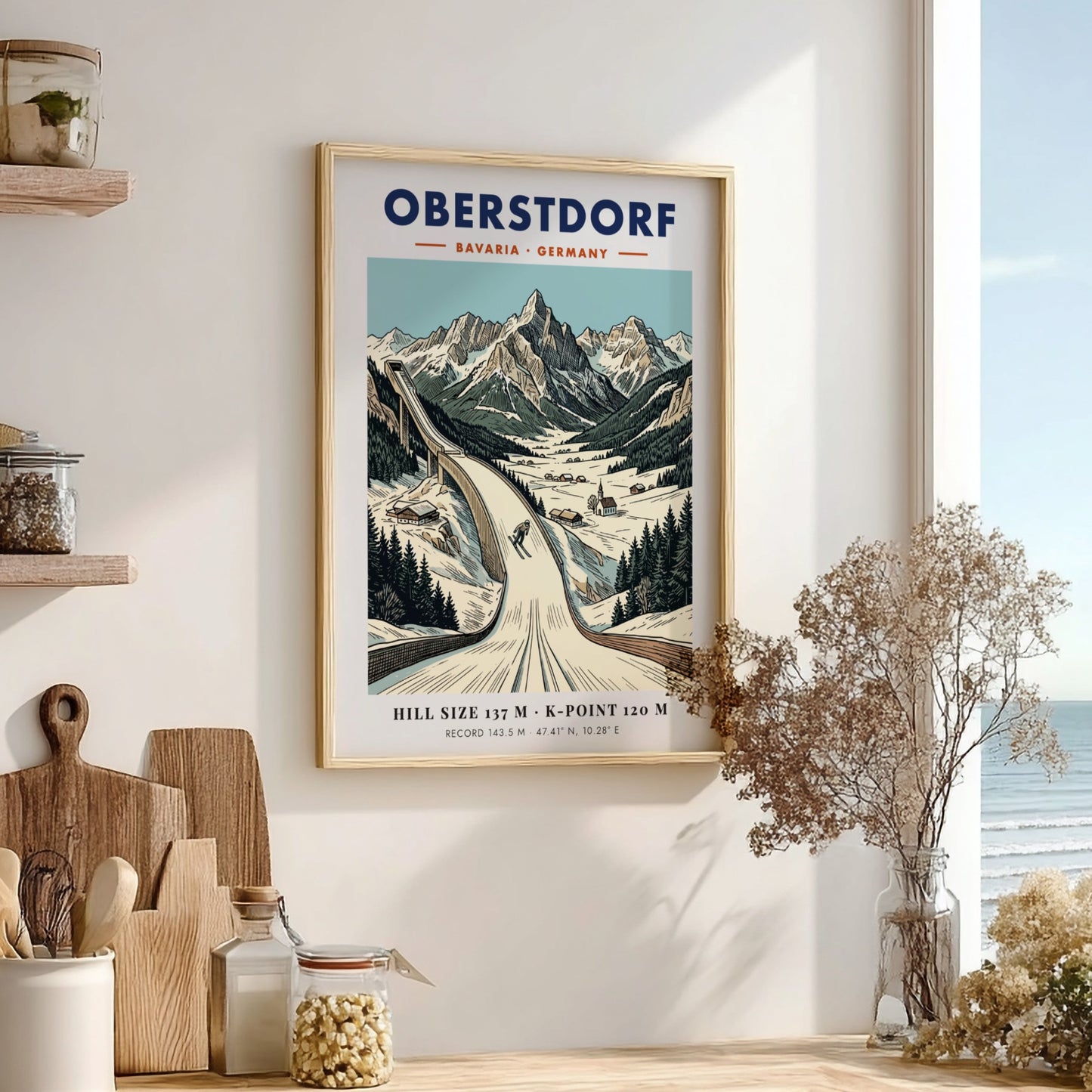 Poster of the Oberstdorf ski jump in the Bavarian Alps with snowy mountains.