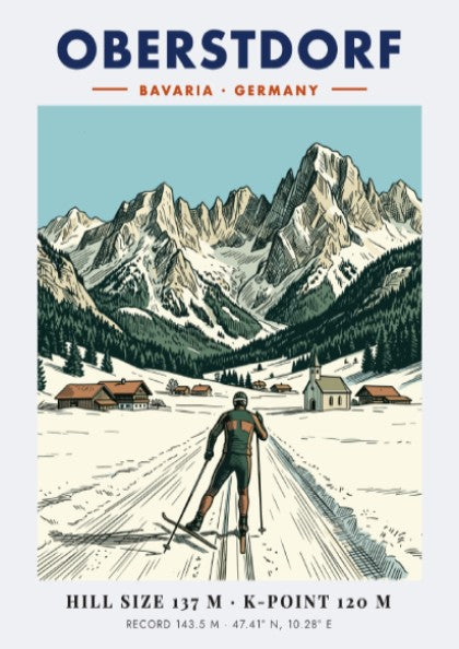 Poster featuring Oberstdorf Bavaria with a skier, alpine village, and snowy mountain peaks background.