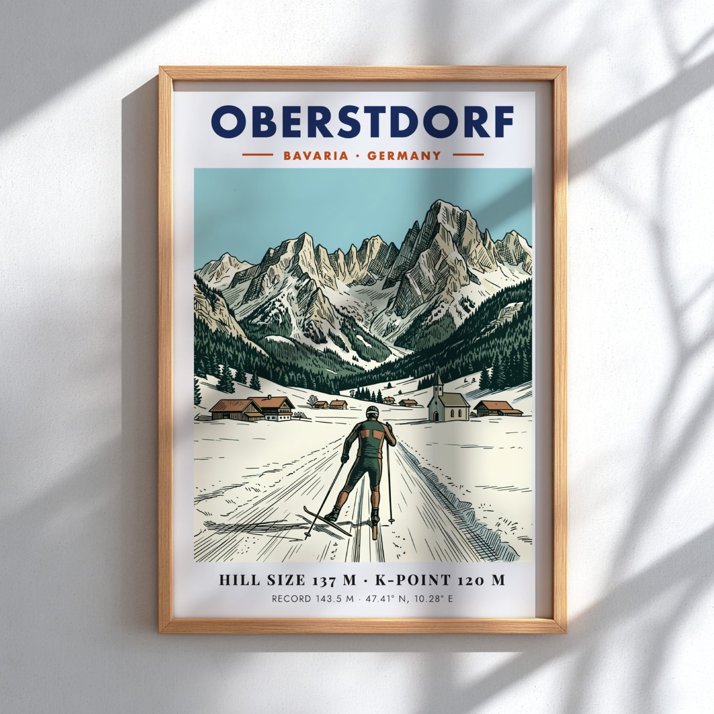 Poster featuring Oberstdorf Bavaria with a skier, alpine village, and snowy mountain peaks background.