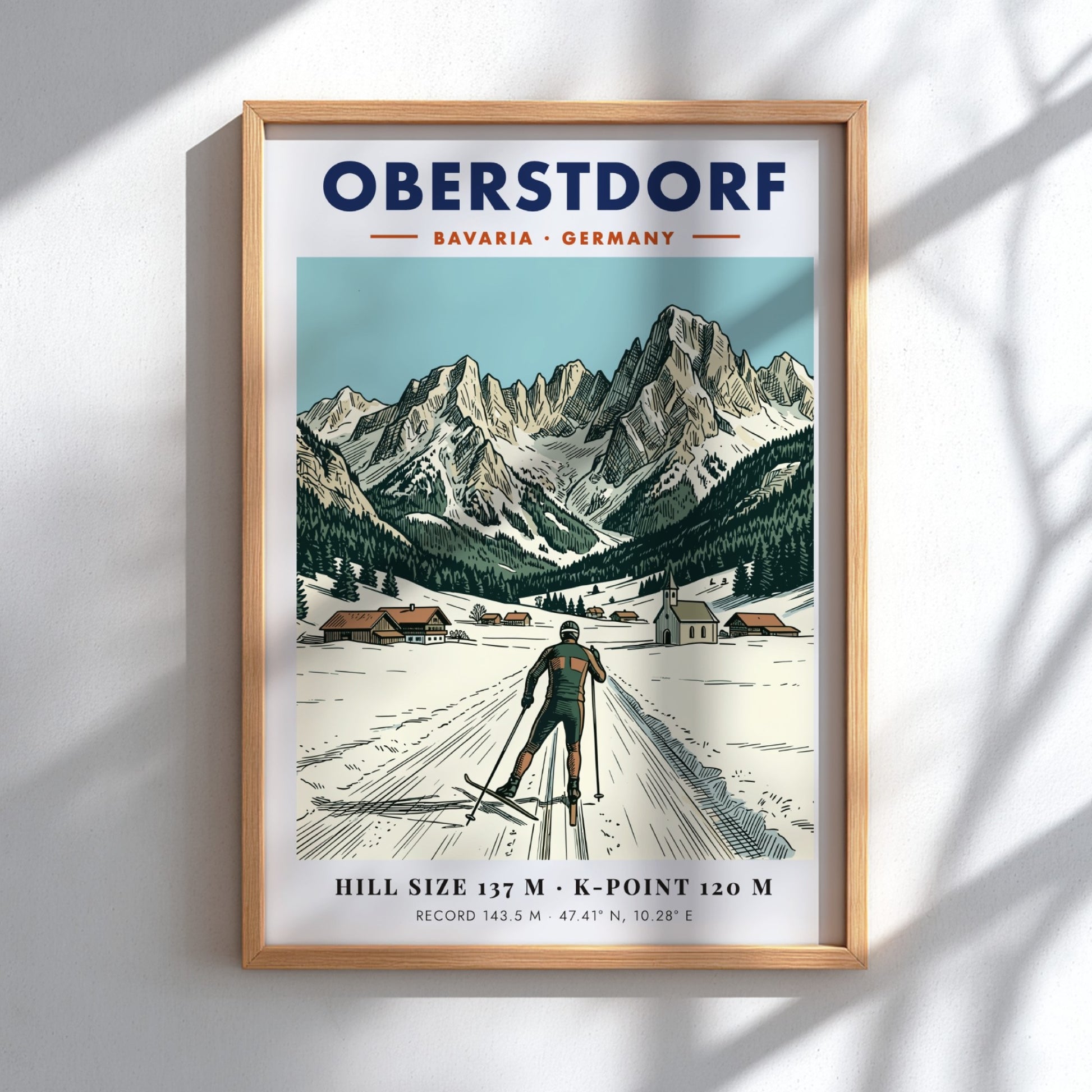 Poster featuring Oberstdorf Bavaria with a skier, alpine village, and snowy mountain peaks background.