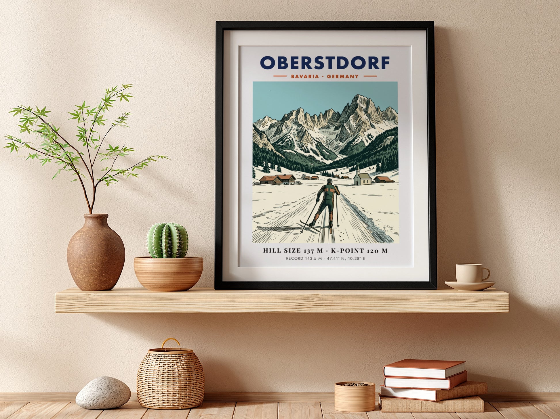 Poster featuring Oberstdorf Bavaria with a skier, alpine village, and snowy mountain peaks background.