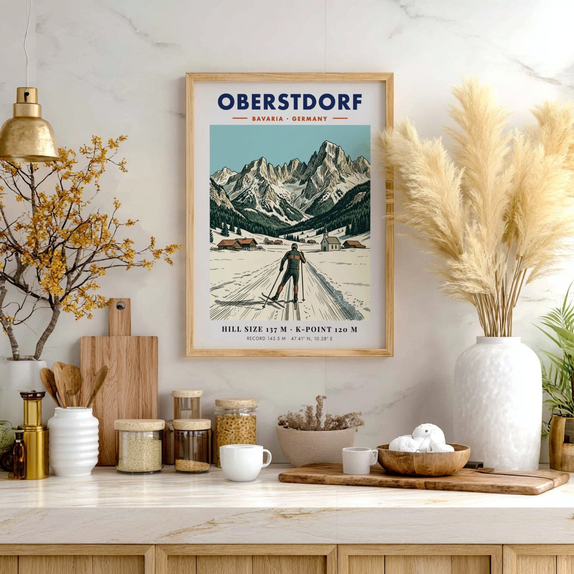 Poster featuring Oberstdorf Bavaria with a skier, alpine village, and snowy mountain peaks background.