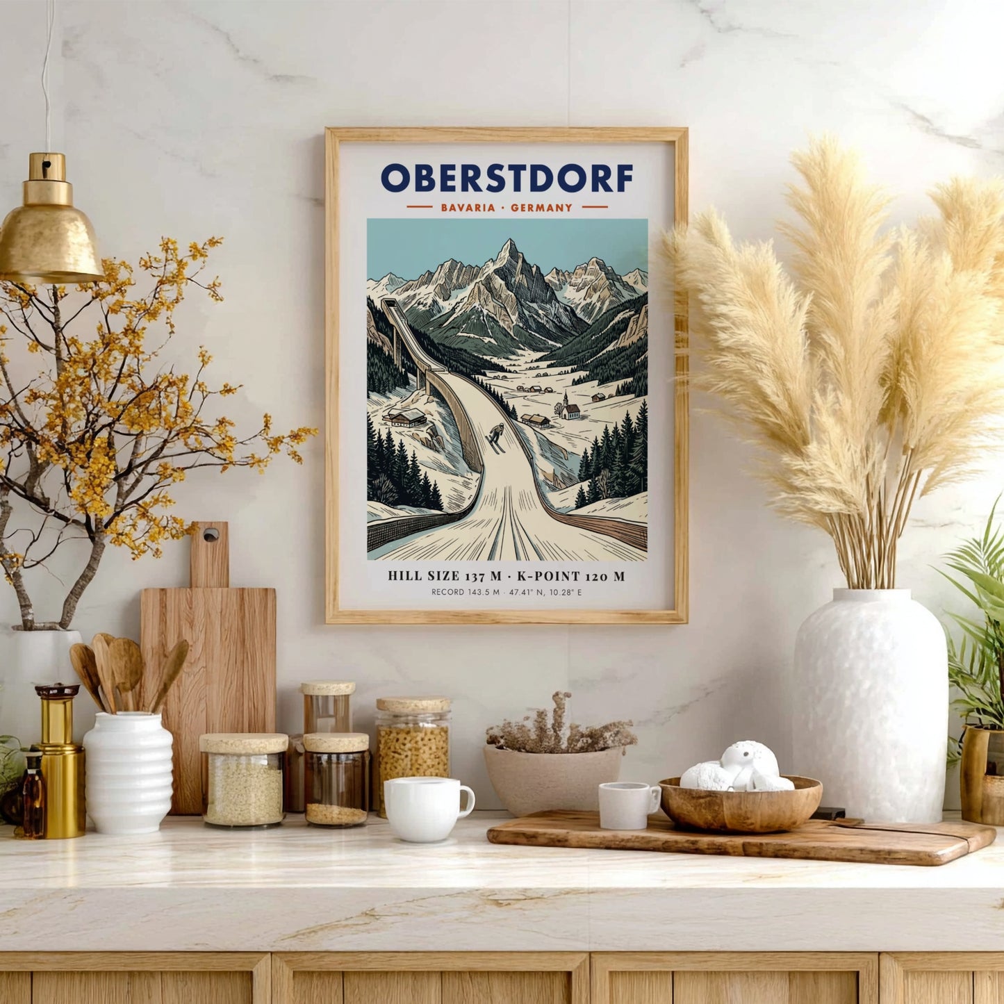 Poster of the Oberstdorf ski jump in the Bavarian Alps with snowy mountains.