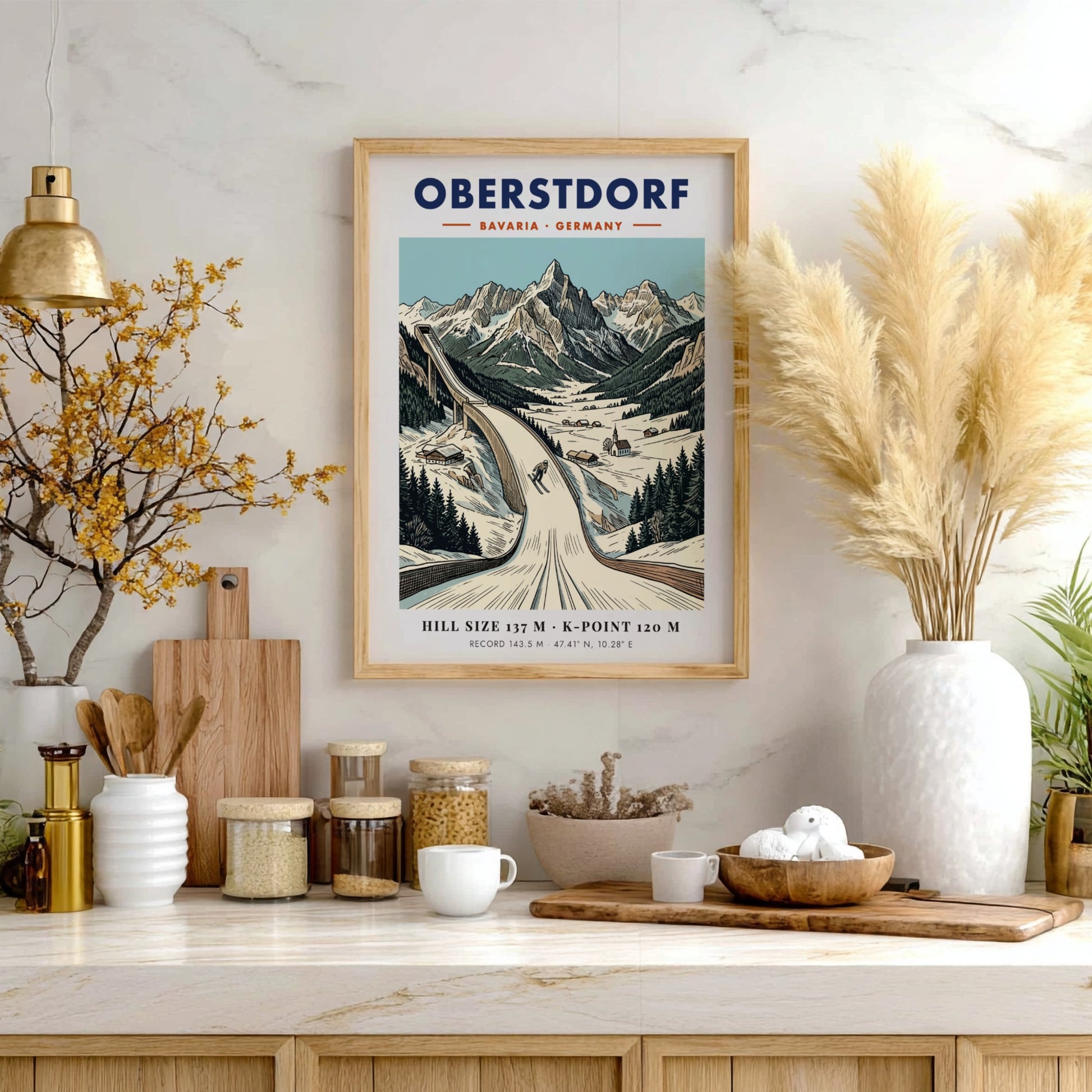 Poster of the Oberstdorf ski jump in the Bavarian Alps with snowy mountains.