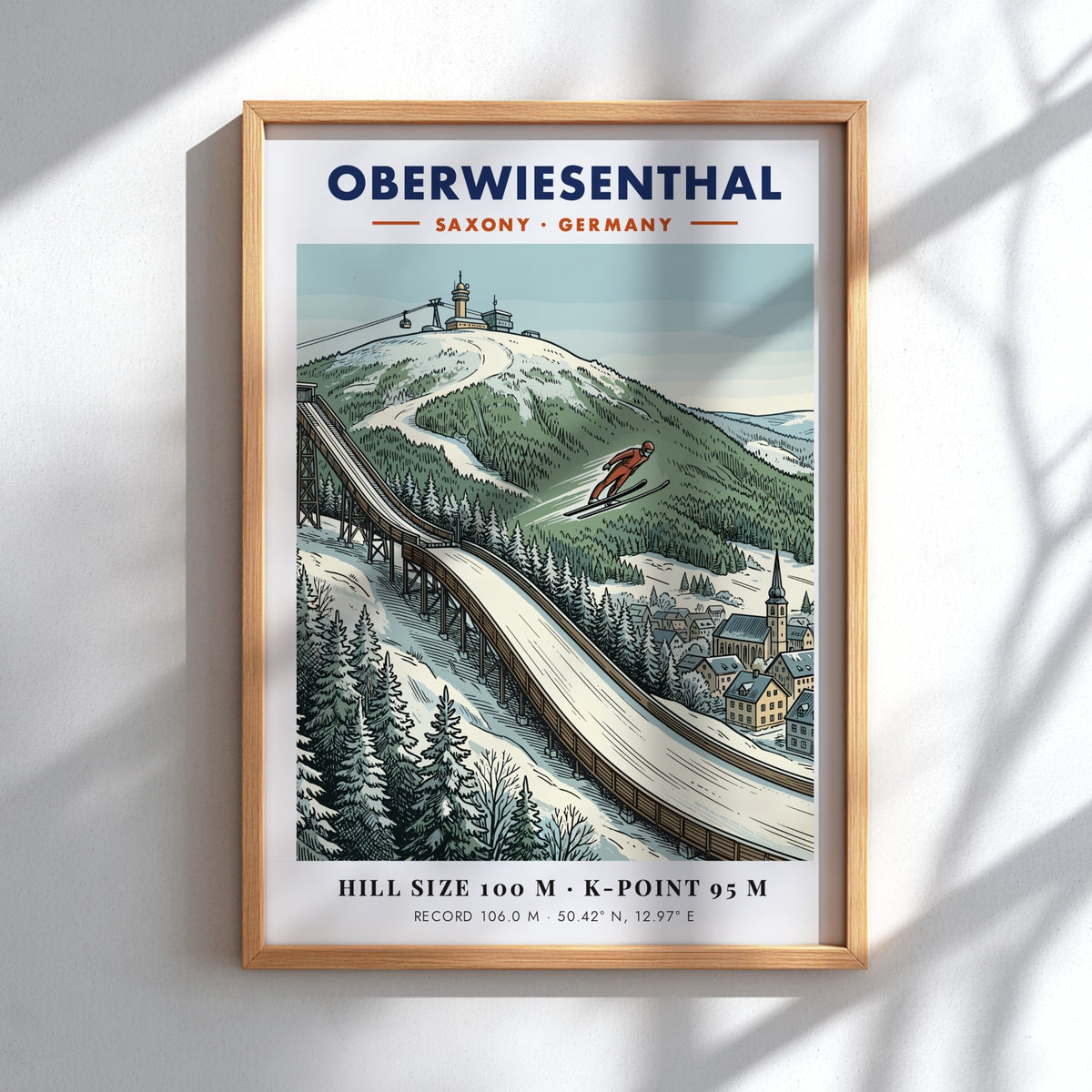 Poster showing a ski jumper on a ramp in Oberwiesenthal with snowy mountains.