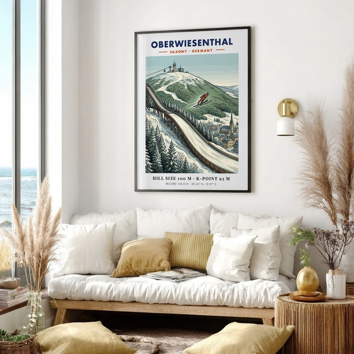Poster showing a ski jumper on a ramp in Oberwiesenthal with snowy mountains.
