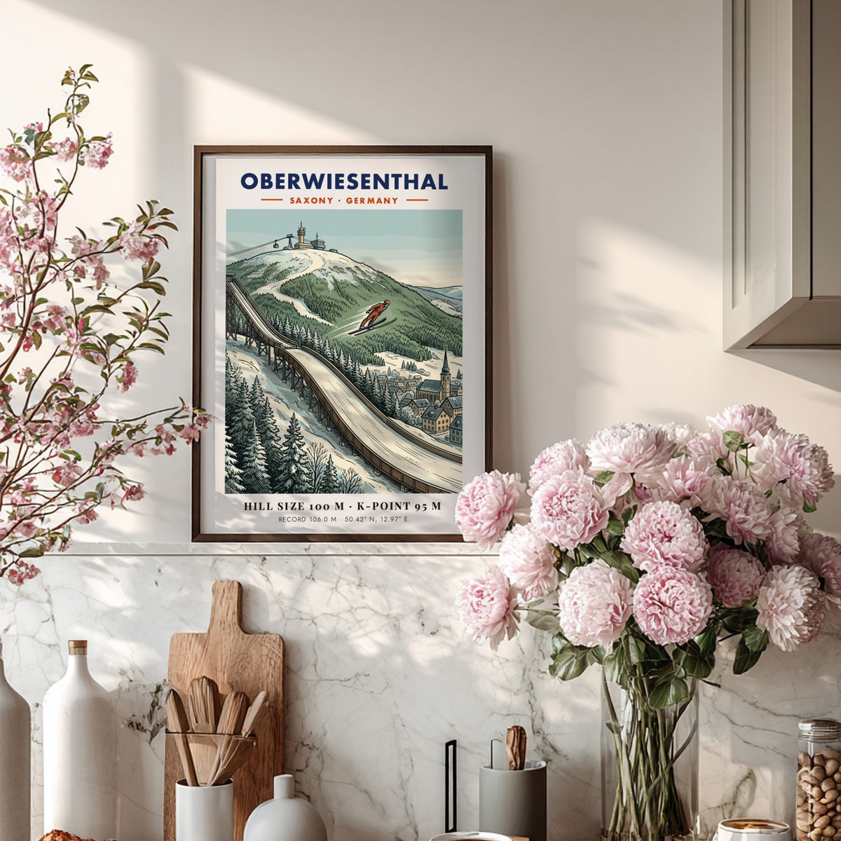 Poster showing a ski jumper on a ramp in Oberwiesenthal with snowy mountains.