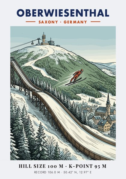 Poster showing a ski jumper on a ramp in Oberwiesenthal with snowy mountains.