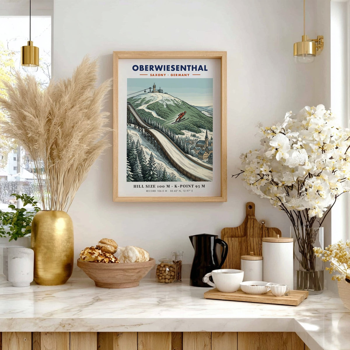 Poster showing a ski jumper on a ramp in Oberwiesenthal with snowy mountains.