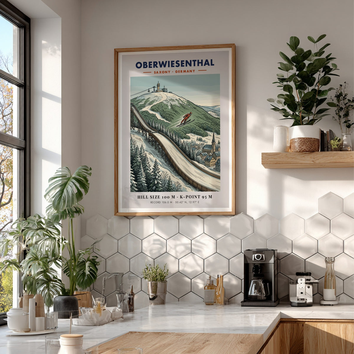 Poster showing a ski jumper on a ramp in Oberwiesenthal with snowy mountains.