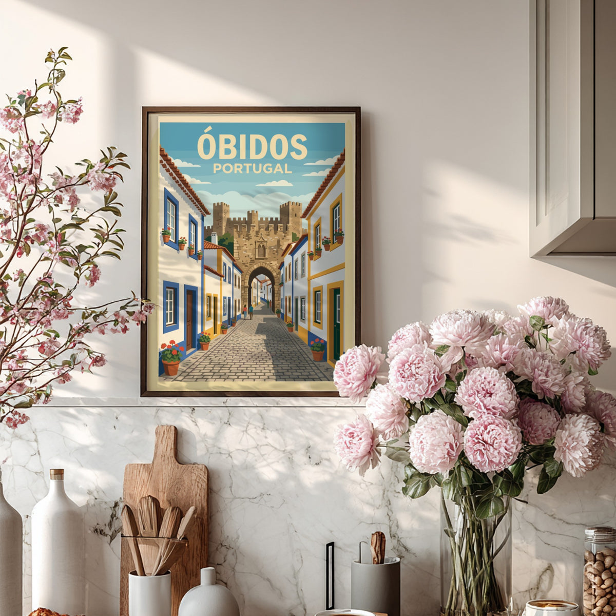 Poster of Óbidos Portugal showing a cobblestone street leading to a historic stone fortress.