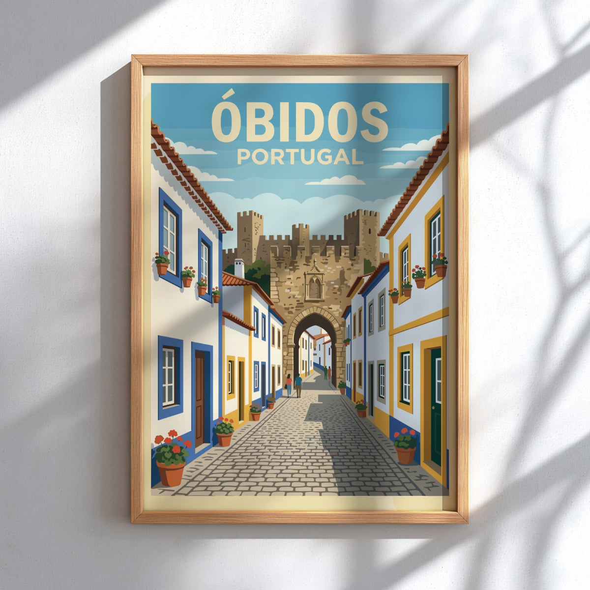 Poster of Óbidos Portugal showing a cobblestone street leading to a historic stone fortress.