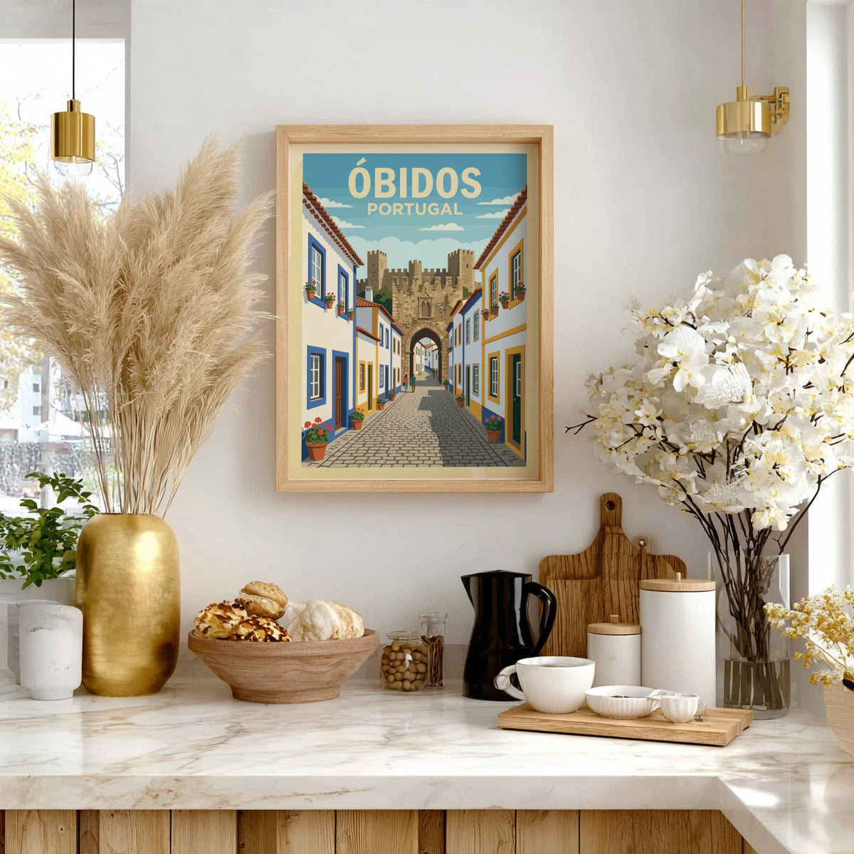 Poster of Óbidos Portugal showing a cobblestone street leading to a historic stone fortress.