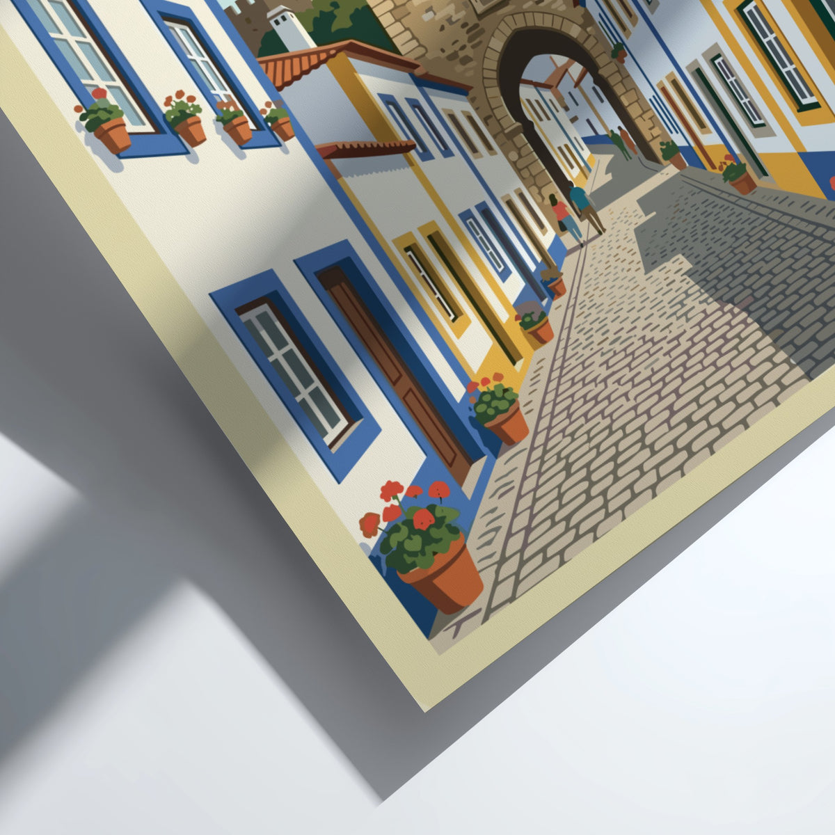 Poster of Óbidos Portugal showing a cobblestone street leading to a historic stone fortress.