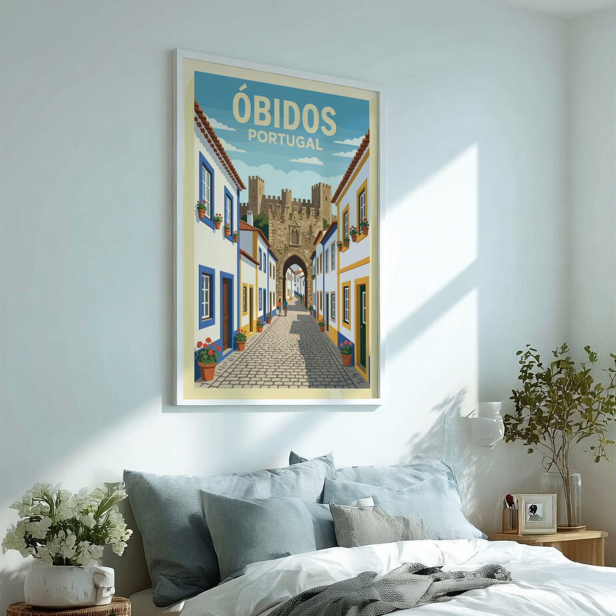 Poster of Óbidos Portugal showing a cobblestone street leading to a historic stone fortress.