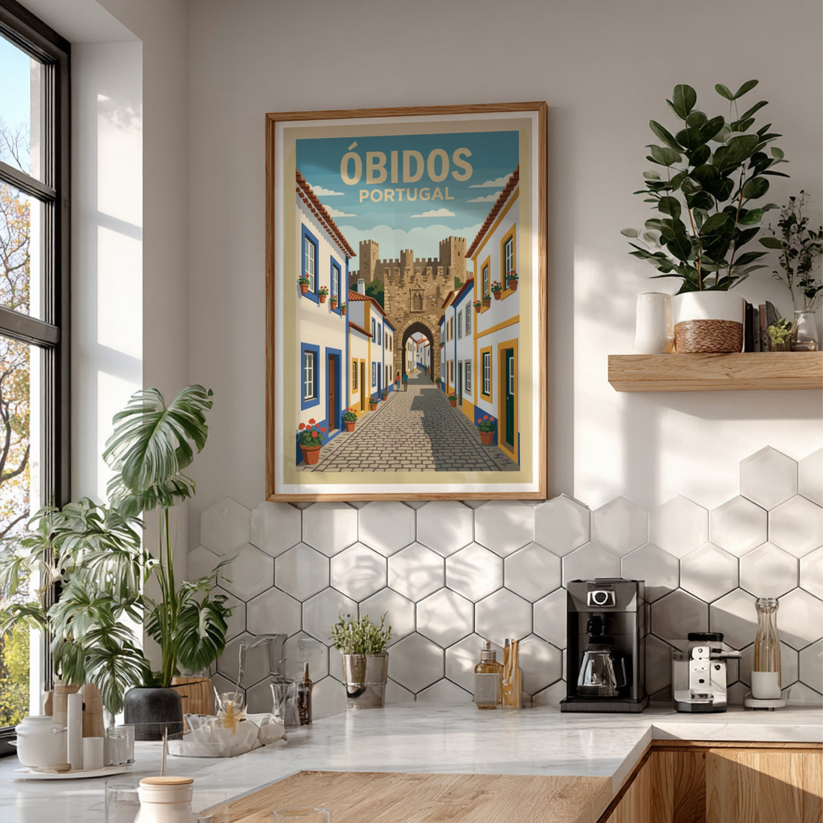 Poster of Óbidos Portugal showing a cobblestone street leading to a historic stone fortress.