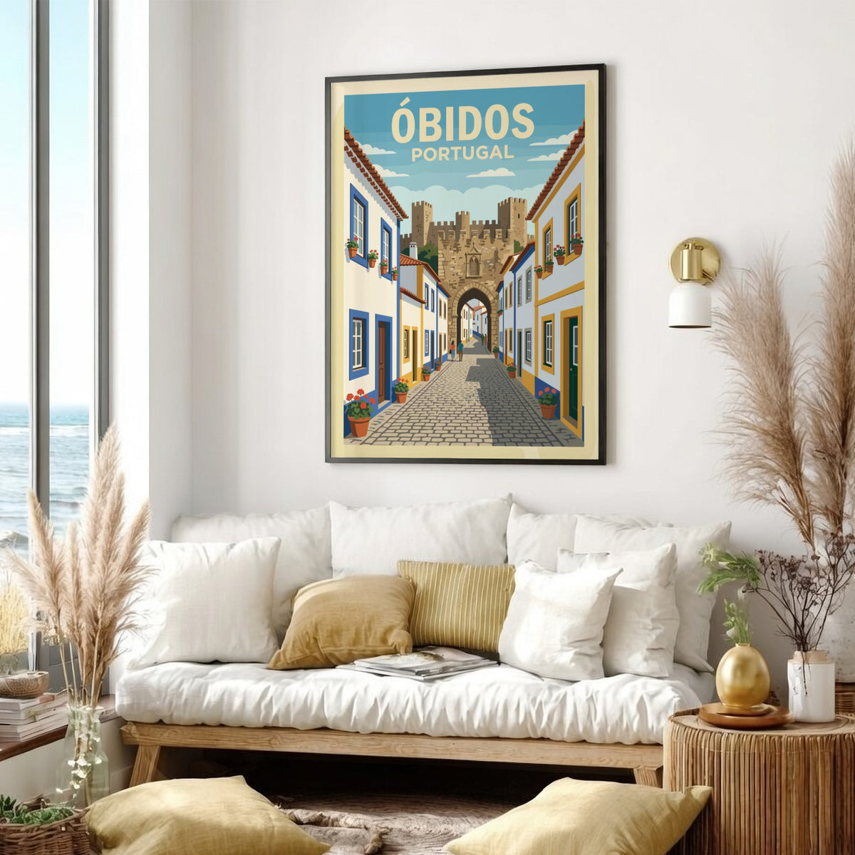 Poster of Óbidos Portugal showing a cobblestone street leading to a historic stone fortress.