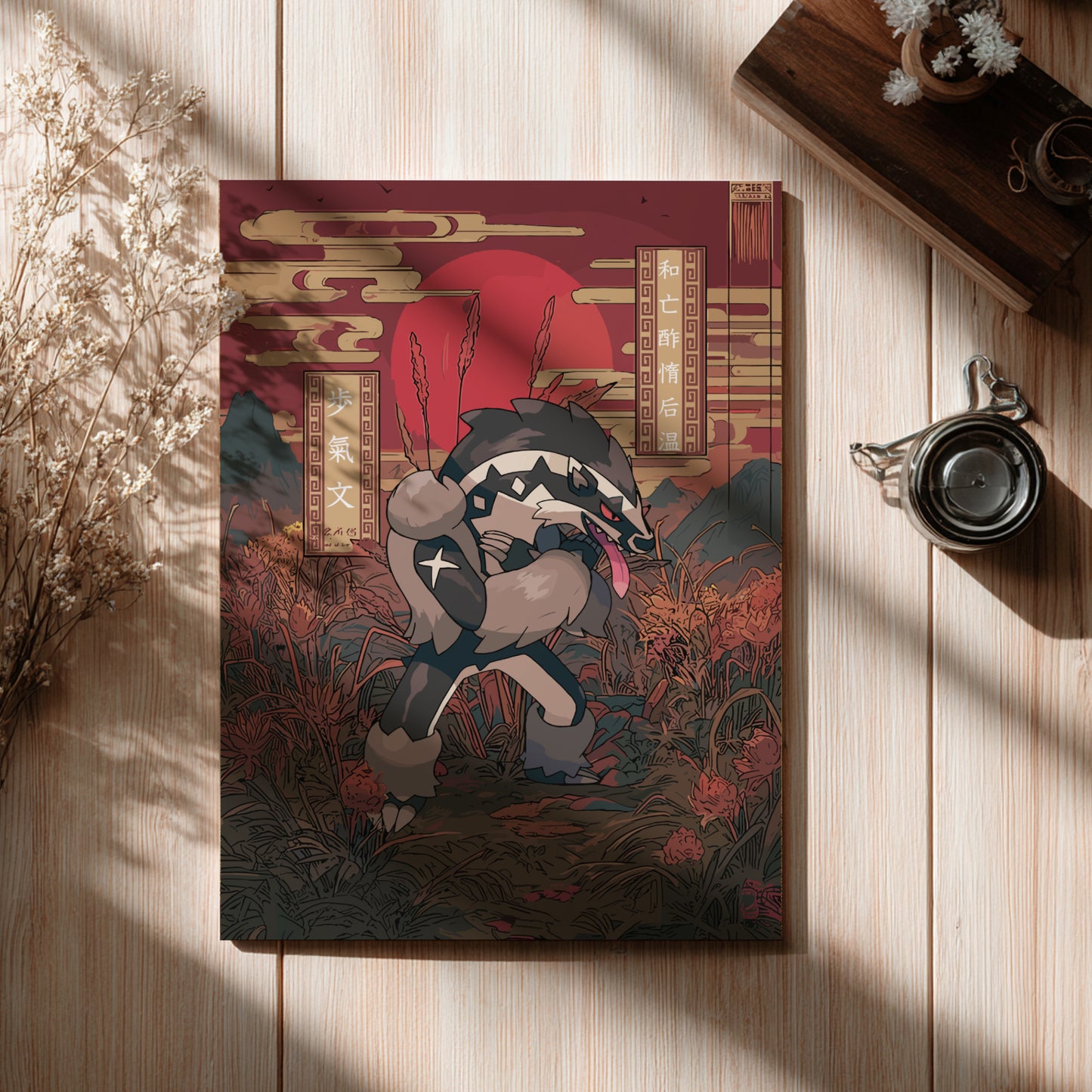 Decorative poster with a fantasy design of Obstagoon Pokemon on a wooden surface with a cup and flowers.