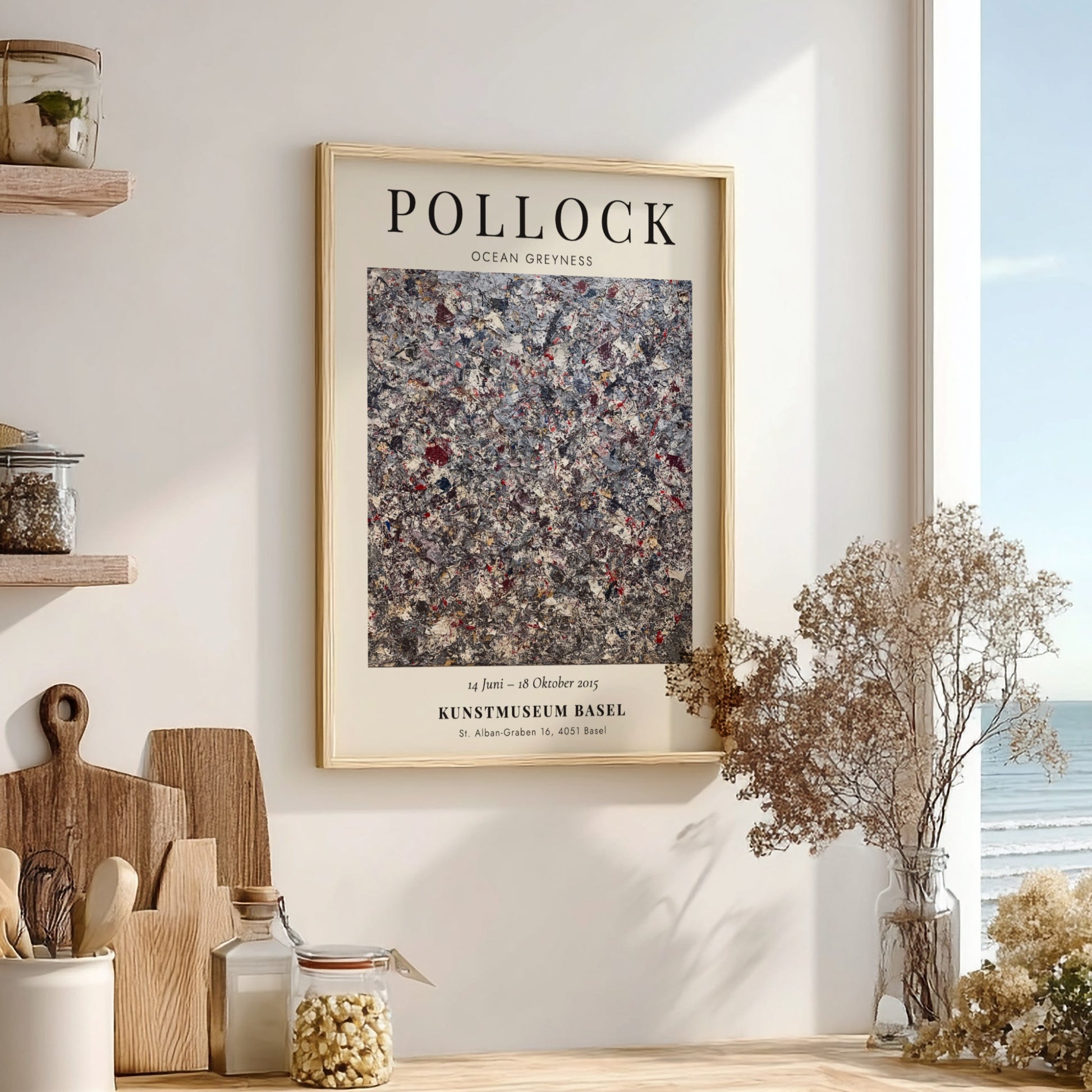 Wall art poster featuring Jackson Pollock Ocean Greyness exhibition details on cream background