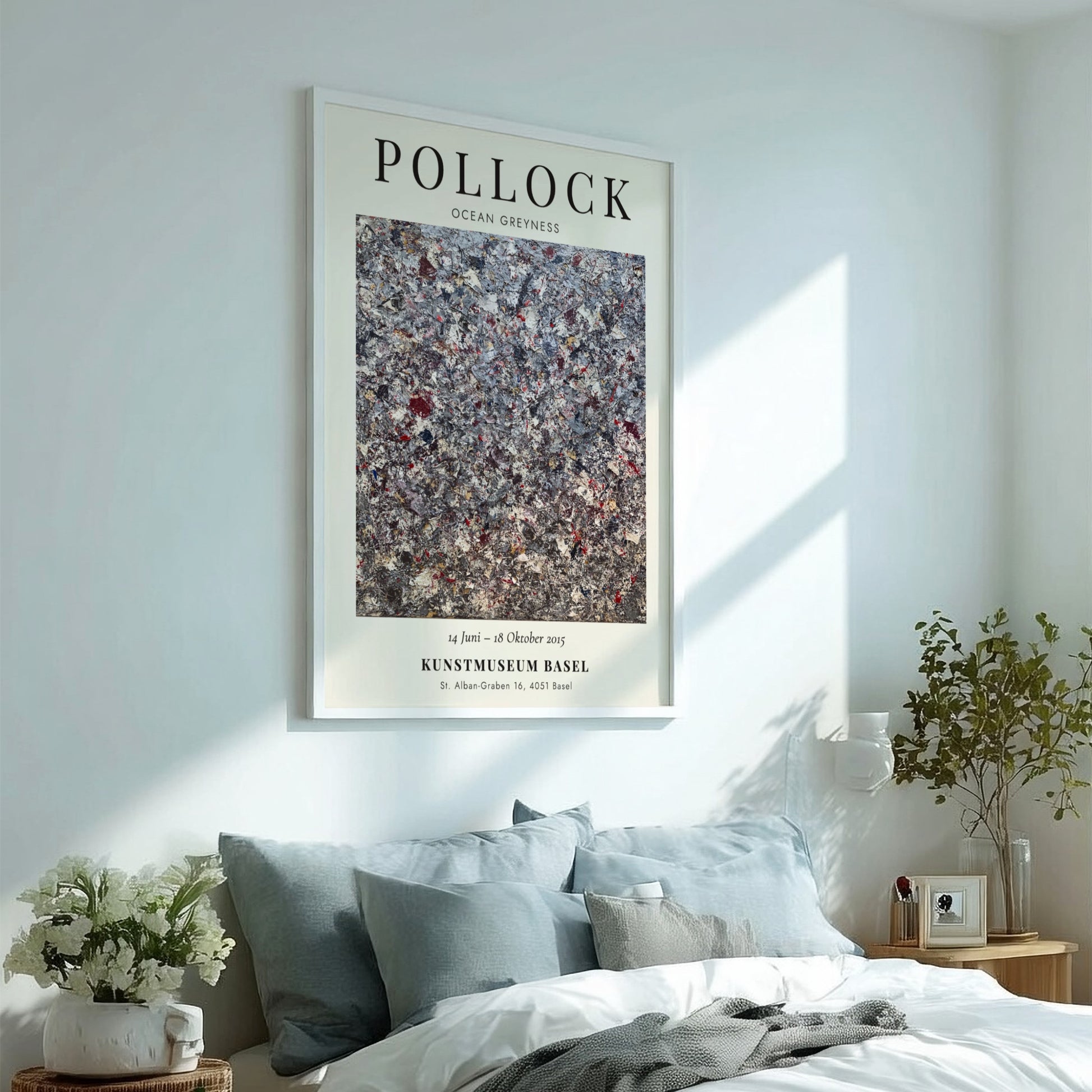 Wall art poster featuring Jackson Pollock Ocean Greyness exhibition details on cream background