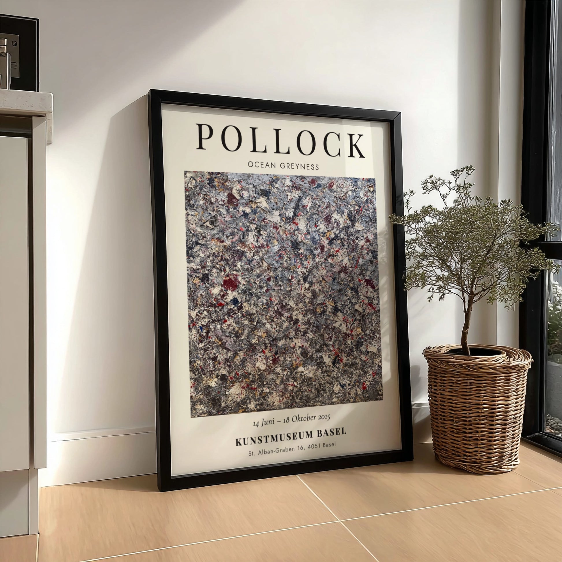 Wall art poster featuring Jackson Pollock Ocean Greyness exhibition details on cream background