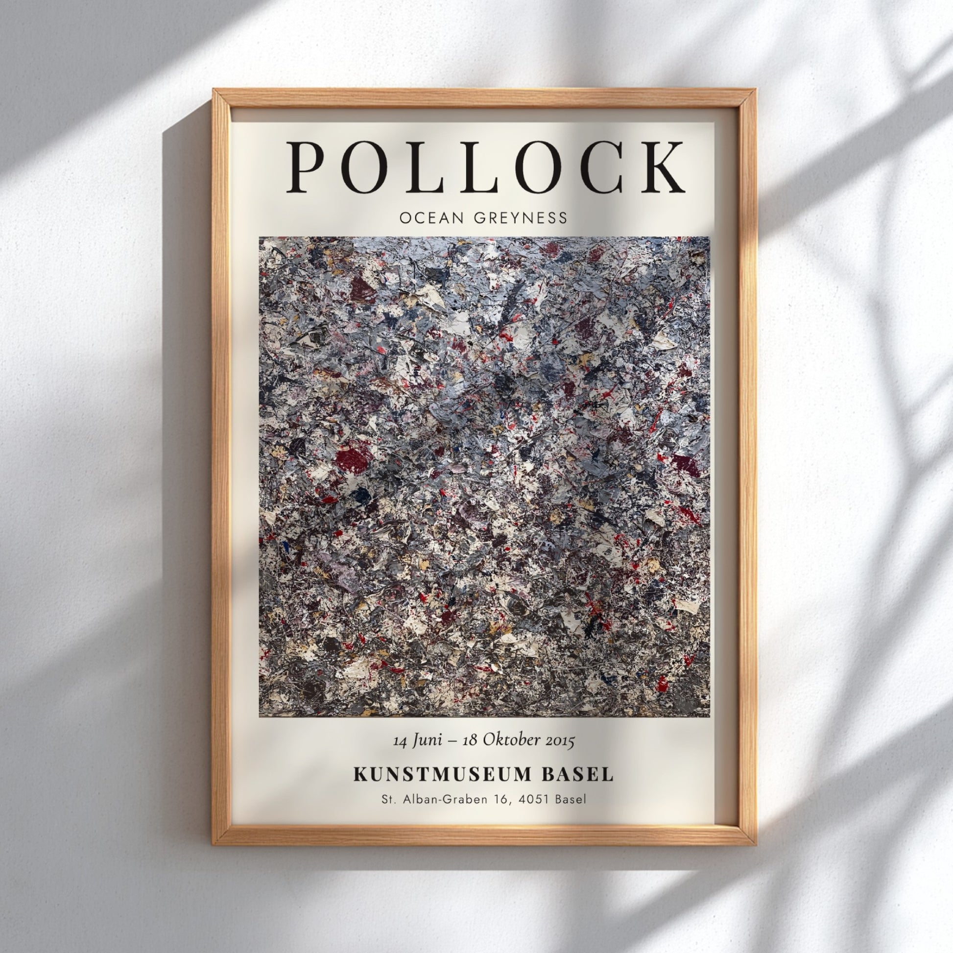 Wall art poster featuring Jackson Pollock Ocean Greyness exhibition details on cream background