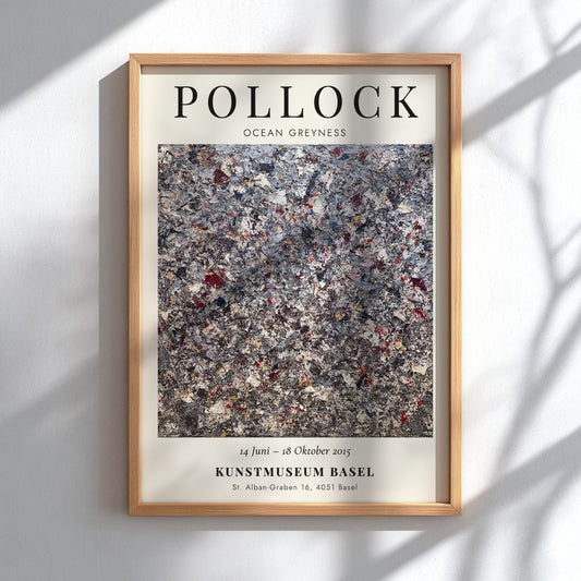 Wall art poster featuring Jackson Pollock Ocean Greyness exhibition details on cream background