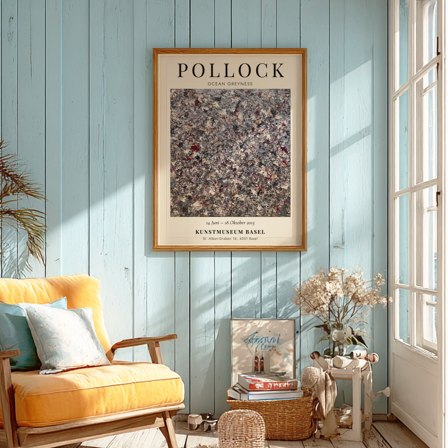 Wall art poster featuring Jackson Pollock Ocean Greyness exhibition details on cream background