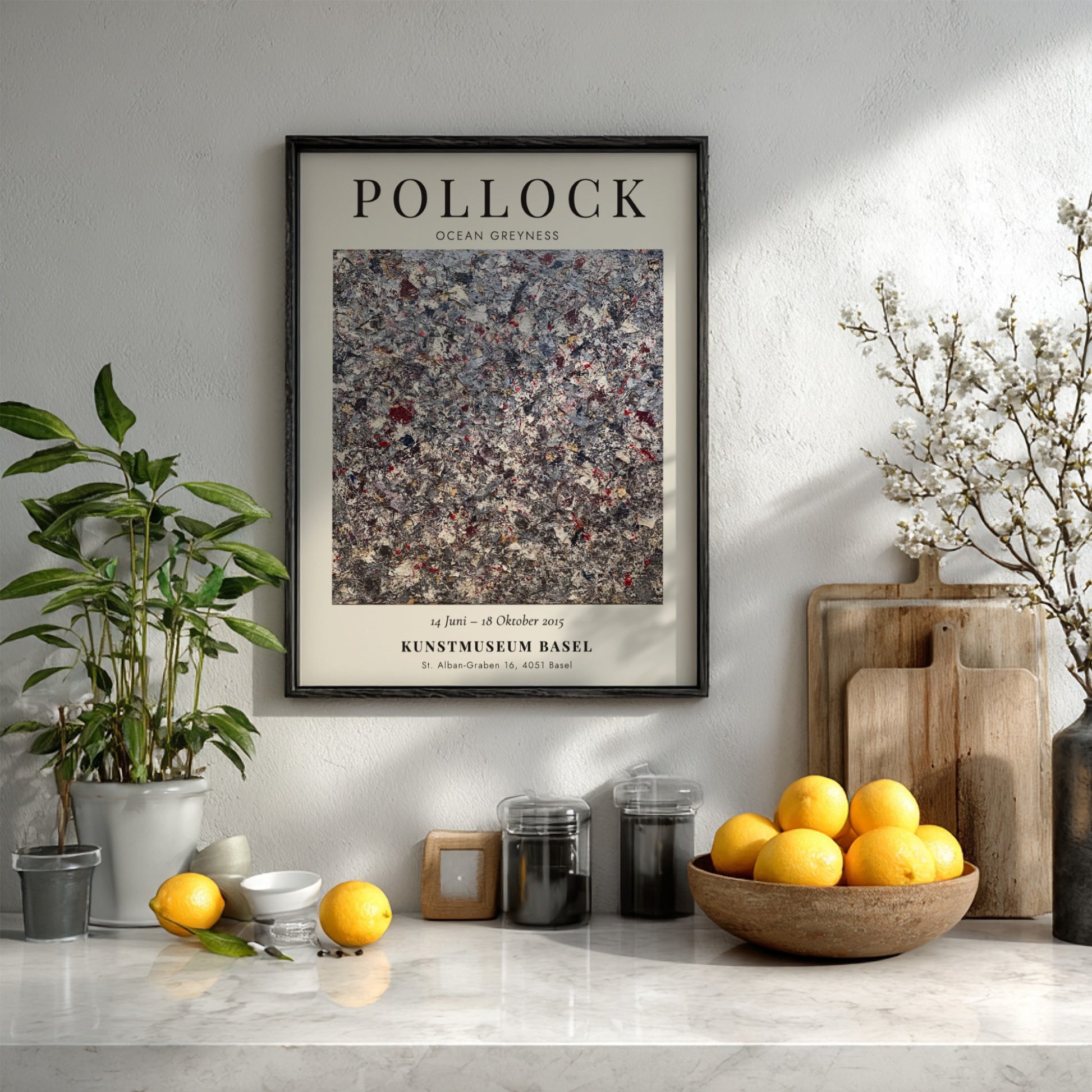 Wall art poster featuring Jackson Pollock Ocean Greyness exhibition details on cream background